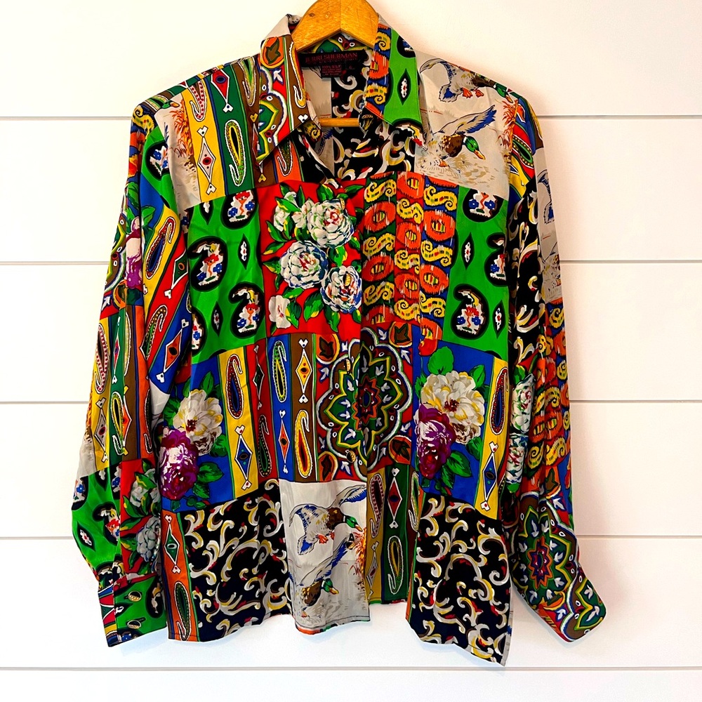 Jerri Sherman Collection Vintage Silk Blouse Paisley Floral Mallard Patterned